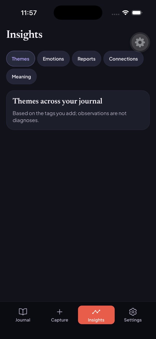DreamReflect iOS insights tabs for themes emotions reports and connections