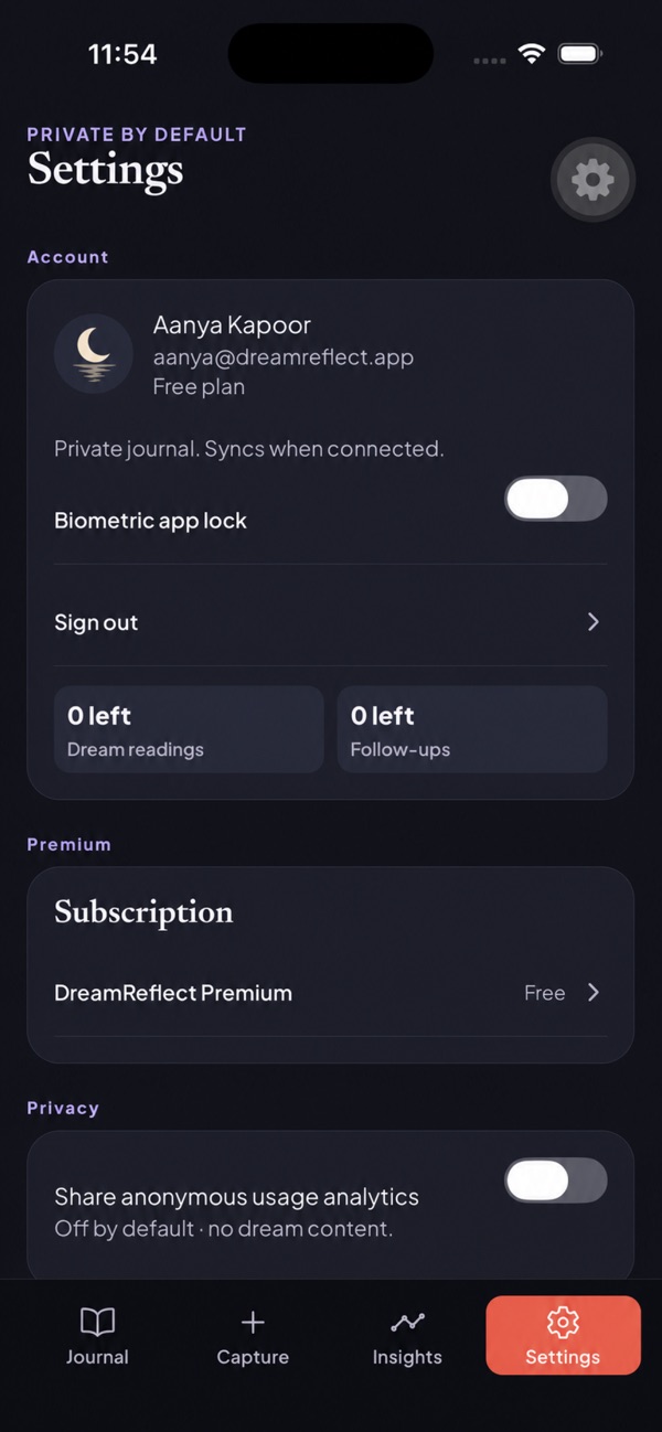 DreamReflect iOS settings showing app lock subscription and analytics controls