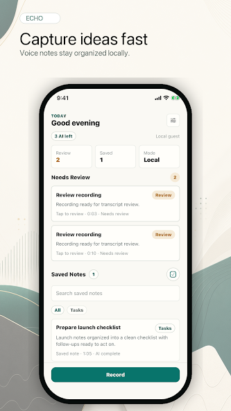 Echo library showing saved voice notes and review categories