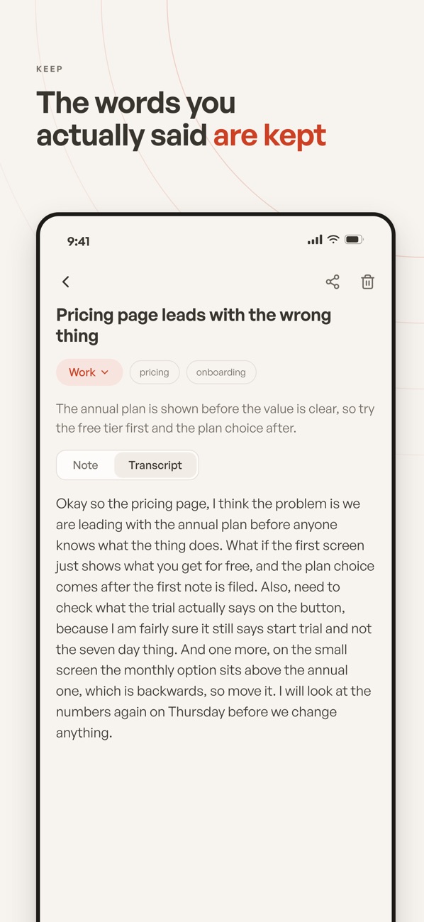 Echo iOS note with a written-up summary and original transcript option