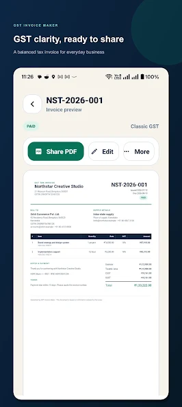 GST Invoice Android listing showing a PDF invoice preview and share control