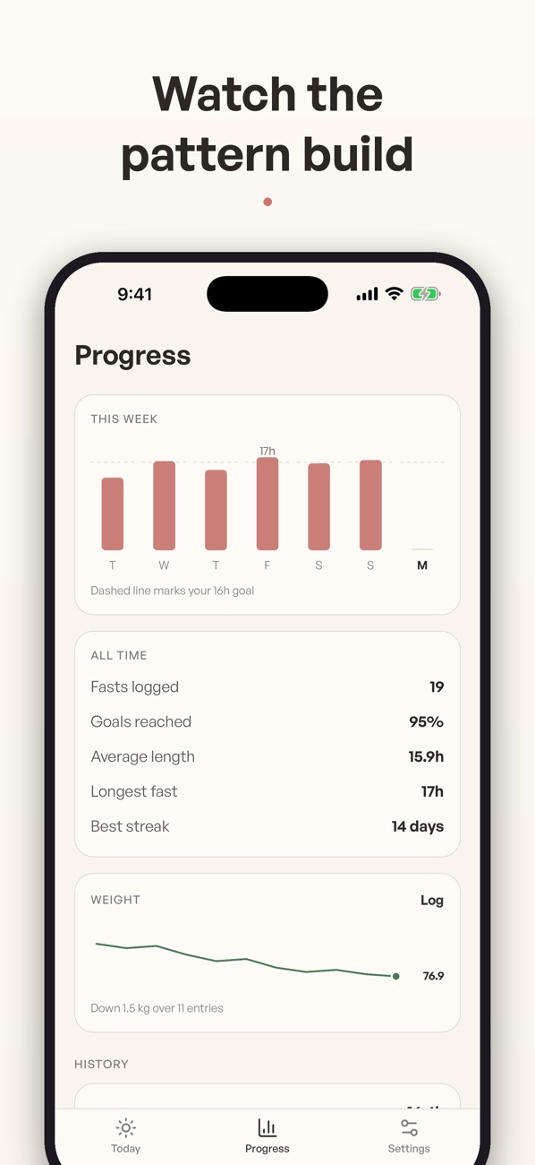 Halfday iOS progress screen with session history and a weekly chart