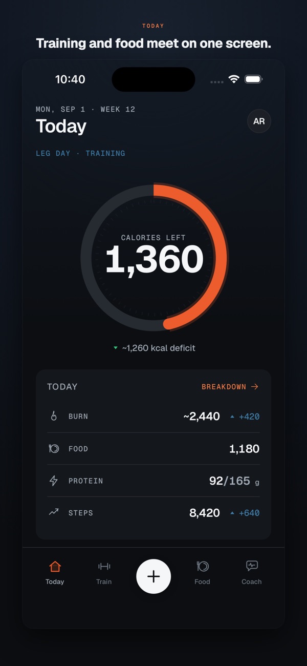 IronFuel iOS Today screen combining training and food totals