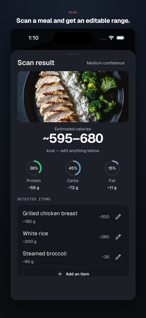 IronFuel iOS meal photo result showing an editable calorie range and food items