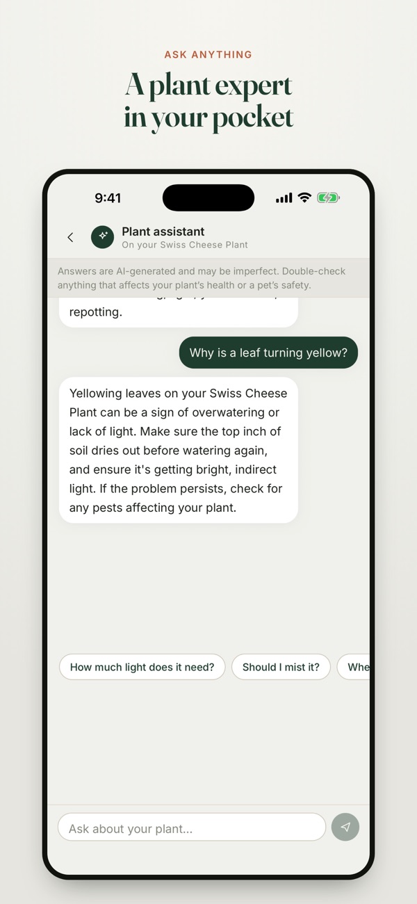 LeafLens iOS plant assistant conversation about plant care