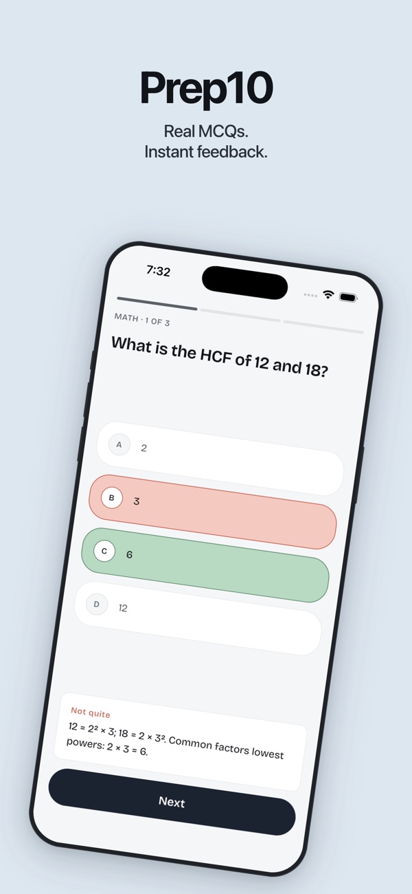 Prep10 iOS maths question showing selected and correct answers