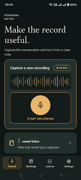 SourceNote Android home screen with a start recording control