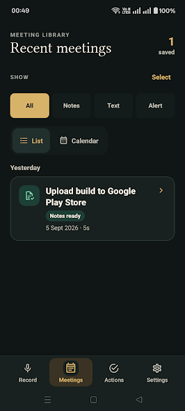 SourceNote Android meeting library with a saved meeting and list filters