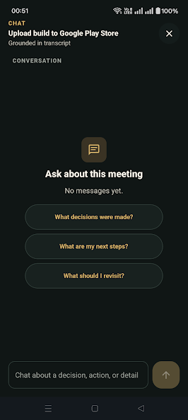 SourceNote Android meeting chat with suggested questions grounded in the transcript