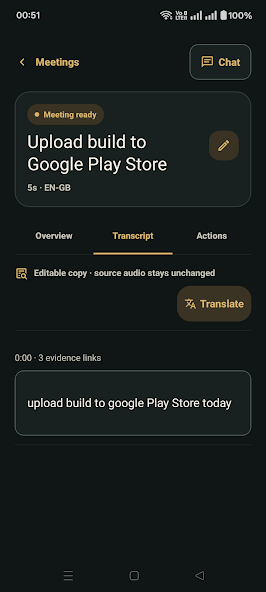 SourceNote Android transcript view with an editable segment and translation control